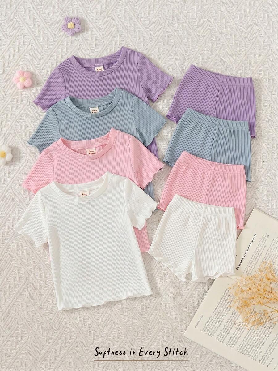 Cozy Pixies 4pcs Baby Girl Solid Color Soft Knit Round Neck Short Sleeve T-Shirt Set - Multicolor - View 1