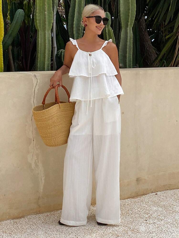 Women's Summer Textured Camisole Top And Loose Straight Leg Pants Two Pieces Vacation Set