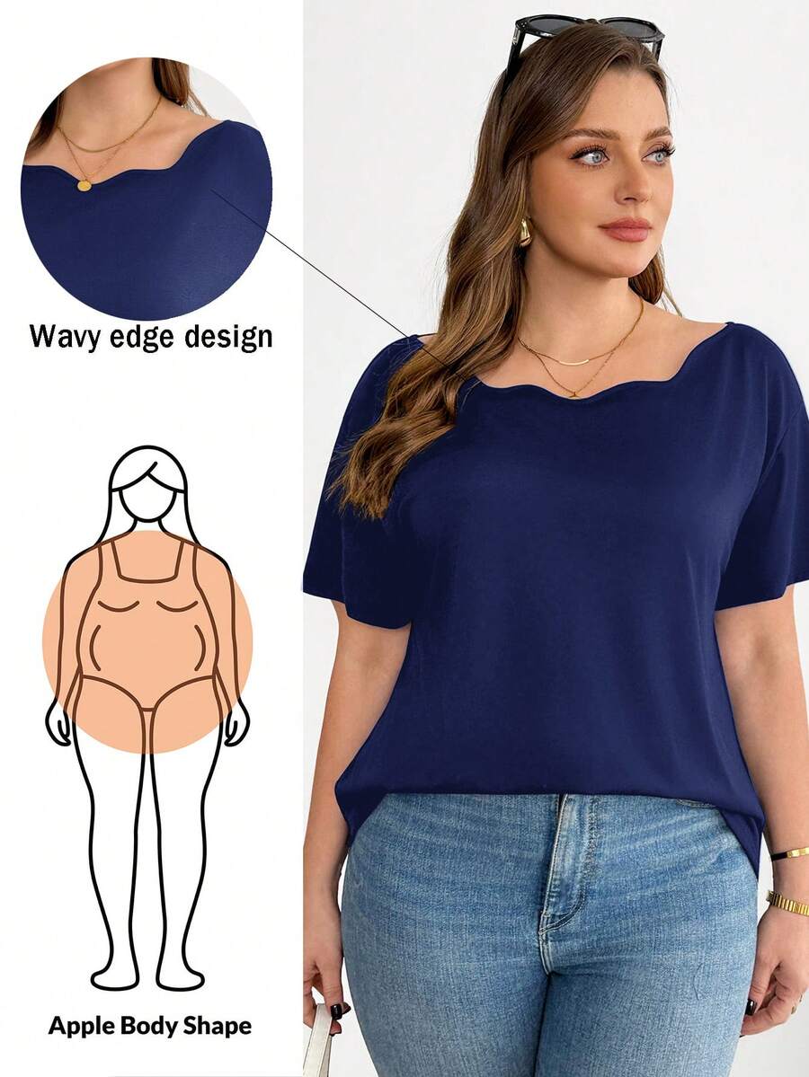 SHEIN Essnce 大码女装春夏时尚休闲宽松舒适日常百搭显瘦弧形蕾丝领短袖黑色T恤,夏季穿搭,工作上衣,外出上衣,简约风格 - 藏蓝色 - 查看 1