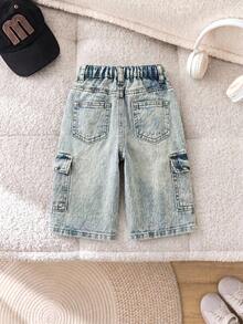 SHEIN Baby Boys' Street Cool Washed Camo Cargo Pocket Loose Fit Denim Jeans,Casual And Versatile For Baby Boys Fall/Winter Clothes Casual Festival Beach Graduation Ceremony Vacation Comfortable Comfortable & Chic,Casual & Street Style, Summer,Suitable For Spring And Summer Wear, Elegant And Holiday Wear,Spring Break Summer Beach Vacation Wear Festival Outfits For  Party Wedding Graduation Prom Birthday Casual Vacation - Medium Wash - View 2