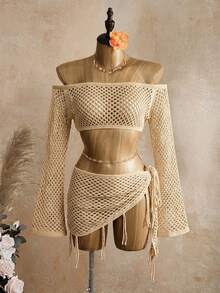 Swim Glamine Women's Solid Color Off-Shoulder Long Sleeve Top And Knotted Skirt Set - Apricot - View 3