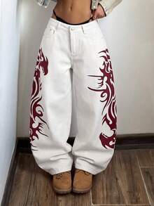 StreetHx Quần jean ống rộng dáng suông, phong cách đường phố thường ngày, họa tiết retro. - trắng - Xem 4
