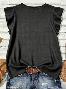EMERY ROSE Plus Size Textured Fabric Ruffled Sleeve Blouse,Grey Summer Boho Vacation Holiday Tops,Casual Stylish Beachwear,Graduation Brunch,Western Retro Spring - Black - View 2
