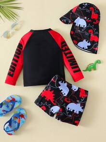SHEIN Bubblio Set de 3 piezas de traje de baño para bebé niño con bloques de color, estampado de dinosaurio neón, camiseta de protección solar y sombrero, adecuado para vacaciones, playa y natación - Rojo - Ver 2