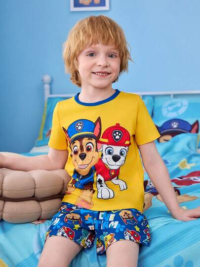 SHEIN | PAW Patrol 男童舒适狗狗印花短袖T恤短裤睡衣套装，夏季