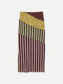 Nöista Patchwork Midi Skirt Features A High-Waisted, H-Line Silhouette With Unique Visual Impact From The Diagonal Design.Comfortable To Wear. - Multicolor - View 7