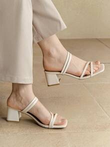Alvarani Sandalias con tiras para mujer, diseño de tacón alto grueso, sexy, simple, elegante y cómodo, versátil - Beis - Ver 1