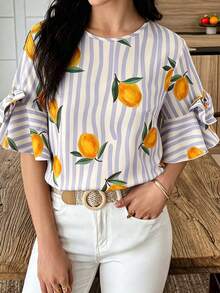 Elouméa Pink Striped & Yellow Lemon Print Round Neck Blouse With Bow Sleeve Decor, Spring/Summer Holiday Wear - Multicolor - View 4