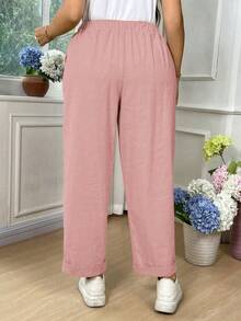 EMERY ROSE Plus Size Women Solid Color Drawstring Waist Pocket Casual Versatile Daily Wear Pants Fall - Baby Pink - View 2