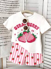 Baby Girl Cute 2-Piece Set,Pink And Yellow Summer Family Matching Cream White Stripe Strawberry Print Round Neck Short Sleeve T-Shirt&Shorts Set - Multicolor - View 7