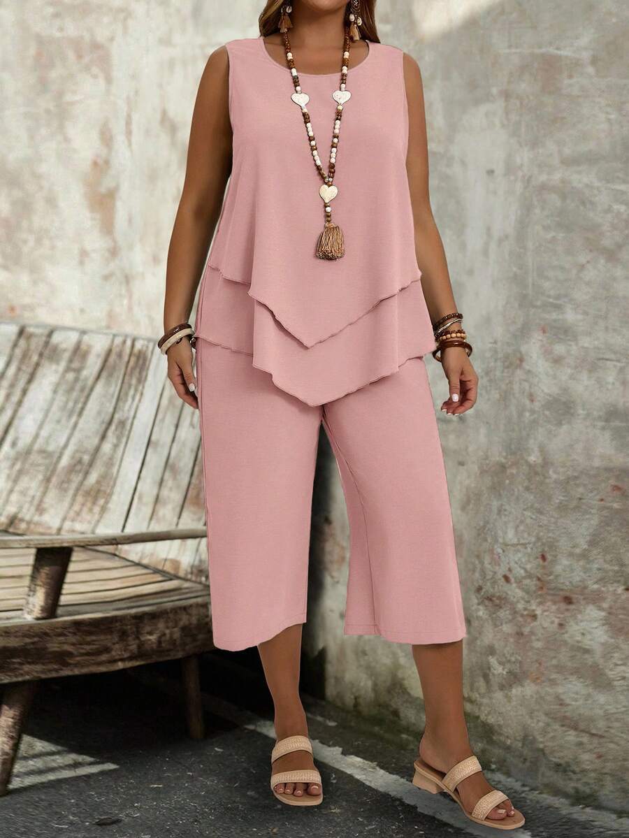 EMERY ROSE Damen Große Größen Einfaches Fuchsiarotes Ärmelloses Top und Sieben-Viertel-Hose 2-teiliges Set Urlaubsoutfits Boho Lässig Elegant Anständig Sommer Formell - Altrosa - Übersicht 1