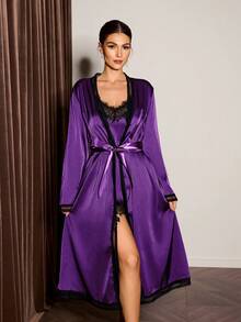Slumberist Faux Silk Lace Patchwork Criss-Cross Backless Tie Robe Slip Dress 2 Pieces Set For Women Honeymoon Bridal Purple Autumn Elegant Sexy - Purple - View 4