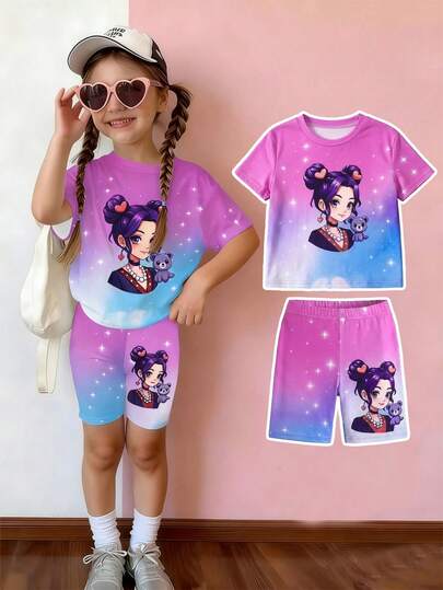 1 Set Young Girls' Casual Fashionable Cool Cartoon Anime Girl K-POP Ombre Starry Sky Print Short Sleeve Crew Neck T-Shirt And Bike Shorts Set, Suitable For Outings, Shopping, Sports, Music Festivals, Etc. Summer