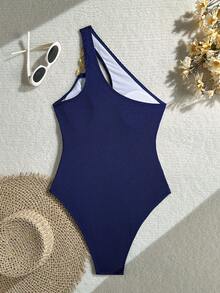 Swim  Traje de baño de una pieza con decoración de anillo de metal hueco asimétrico de unicolor para mujer - Negro - Ver 6