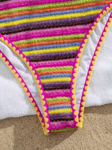 Swim Vcay Women's Beach Music Festival Spring/Summer Colorful Striped Knit Jacquard V-Neck Backless Sexy Elegant Fashion One-Piece Swimsuit - Multicolor - View 7