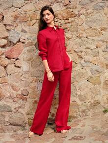 MOTF Petite CAMISA ROJA DE LINO PURO 100% LIGERA Y TRANSPIRABLE PARA VACACIONES DE VERANO CON DETALLES DE ENCAJE CALADO - Rojo - Ver 6
