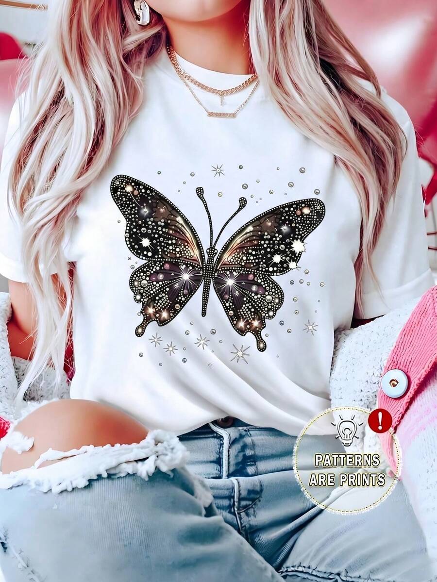 Camiseta de mujer de manga corta con cuello redondo, holgada, casual y versátil. Con estampado moderno, elegante y sofisticado de mariposas vivas, ideal como prenda básica; confeccionada en tela suave con excelente caída. - Blanco - Ver 1