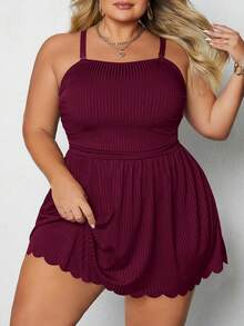 SHEIN CURVE+ Plus Size Women Ruched Spaghetti Strap Tankini Top And Triangle Bottoms Swimsuit Set - Burgundy - View 4