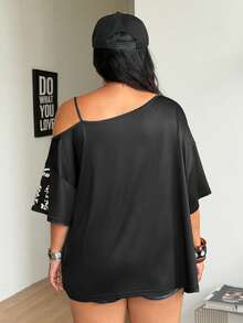 Coolane Women's Plus Size Summer Y2K Hip-Hop Vintage Streetwear Number Pattern Star Pattern Stretchy Asymmetrical Neck Black OverSize Shortsleeve T-Shirt - Black - View 4