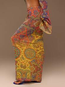 MUSERA Chân váy maxi cạp thấp họa tiết Paisley lưới, thích hợp cho kỳ nghỉ hè, đi biển, phong cách boho, du lịch, lễ hội. - Màu vàng - Xem 3