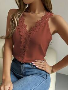EMERY ROSE Women's Elegant V-Neck Sleeveless Top With Decorative Applique - Redwood - View 3