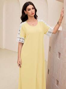 SHEIN Lacomfia Lace Patchwork Hollow Out Dress - Yellow - View 6