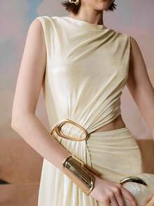 SHEIN 女士纯色金属装饰褶皱镂空休闲派对连衣裙 - 杏色 - 查看 2