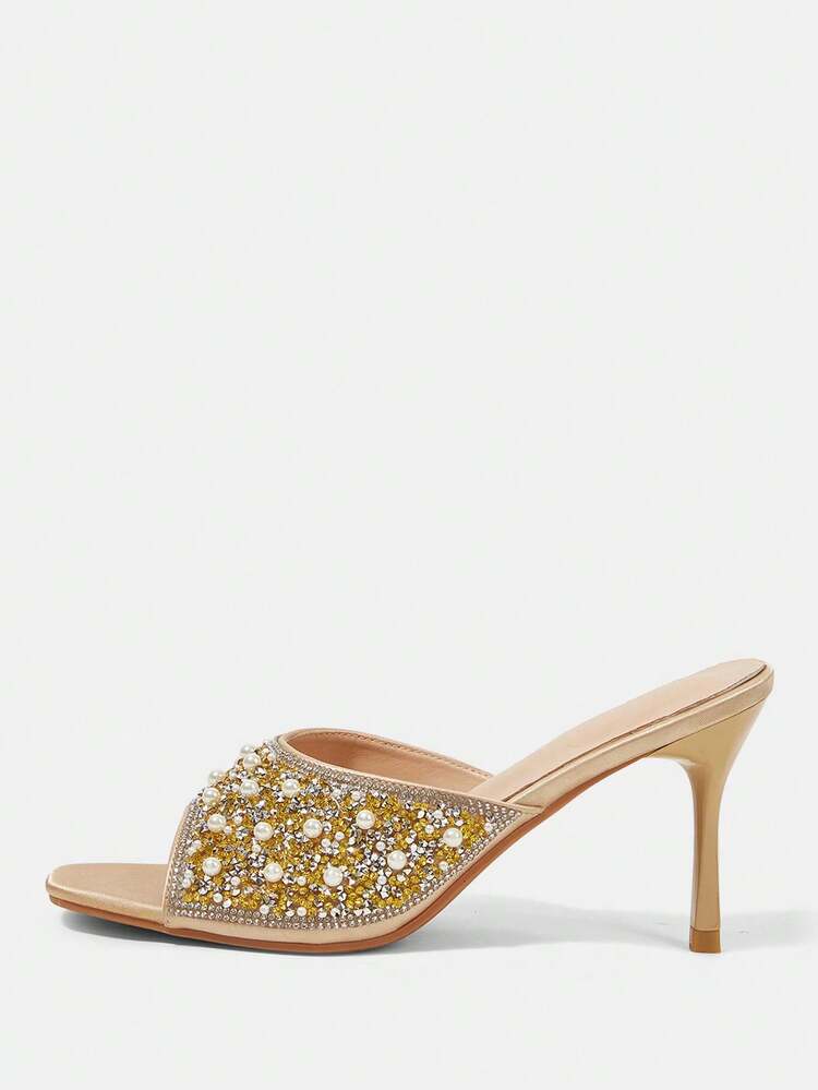 CUCCOO HITCHD Ladies Square Toe Pearl Rhinestone Open-Toed Stiletto Sandals Summer Versatile Sexy Suitable Evening Party Party