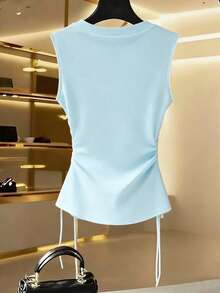 GlowEve CURVE Plus Size Women Summer Fashion Design Minimalist Solid Color Zipper Front Drawstring Ruched Fitted Tank Top - Blue - View 2