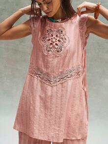Camisa suelta de unicolor casual con parches tejidos y encaje - Rosa vieja - Ver 6