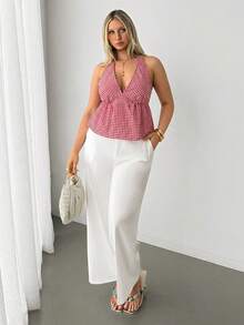 Auralis Große Größen Rot & Weiß kariertes Trägertop/Bluse für Damen, elegant für den Arbeitsweg, Büro, Cocktailparty, vielseitiger V-Ausschnitt Peplum Top/Persönlicher, moderner, eleganter Y2K-Stil für Bar, Musikfestival, rückenfreies Top mit Bindeträgern - Rot-Weiß - Übersicht 6