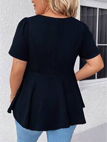 Elenzga Scoop Neck Short Sleeve Zip-Up Ruffle Hem Casual Elegant Plus Size Women Blouse - Navy Blue - View 2