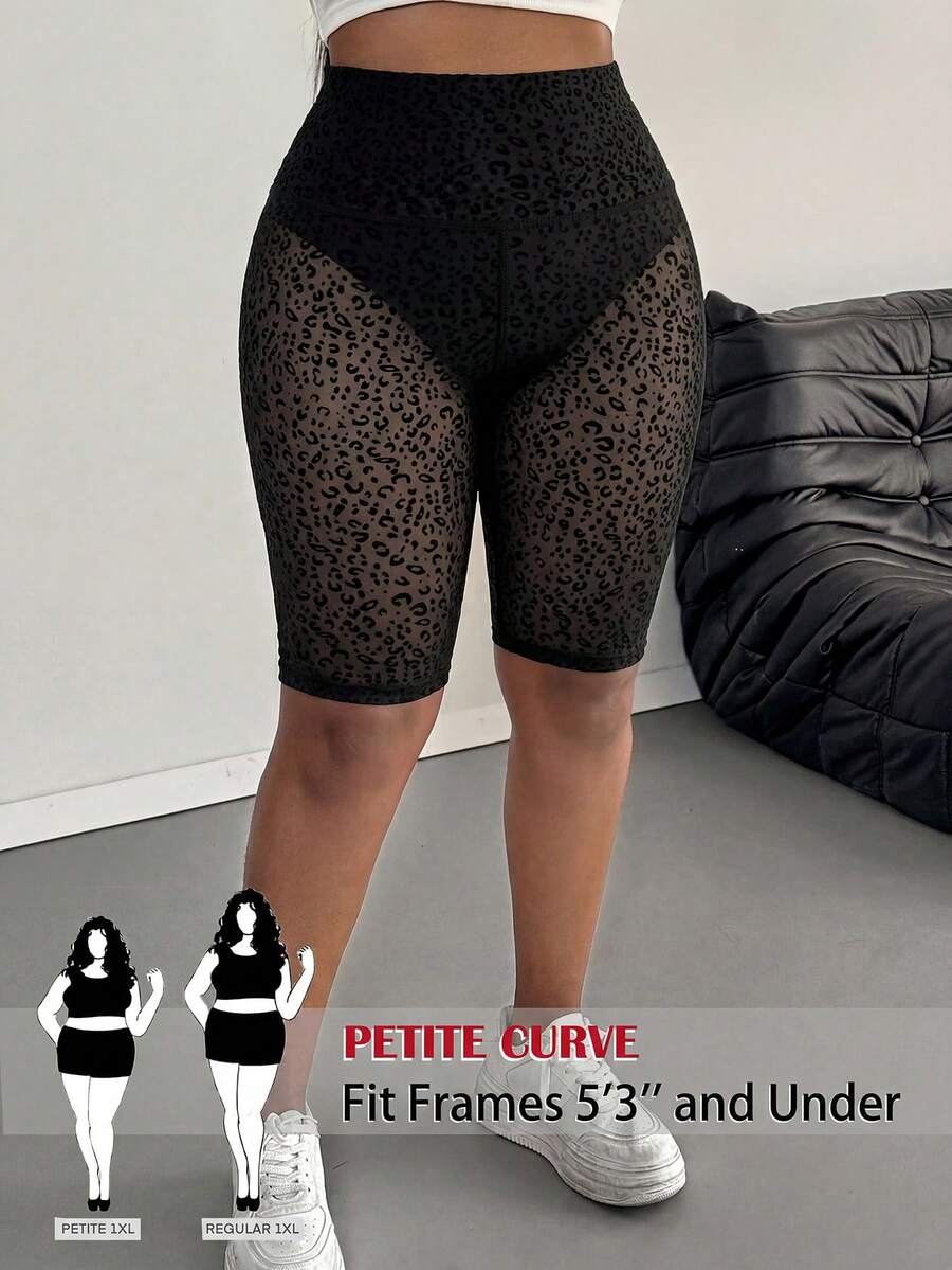 SHEIN PETITE CURVE 大码女式网眼豹纹休闲基础款打底裤,适合夏季穿着,中长款,适合娇小身材,高腰设计,休闲、运动、夏季穿搭、嘉年华服装、假日装扮 - 黑色 - 查看 1