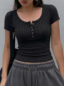 DAZY Women's Fashionable Versatile Button Decorated Short Sleeve T-Shirt, Suitable For Daily Wear Summer Everyday Black Basic Casual - Black - View 5