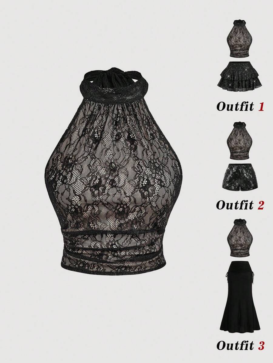 SHEIN MOD Women's Elegant Contrast Lace Halter Neck Backless Blouse, Summer,Summer Top - Black - View 1