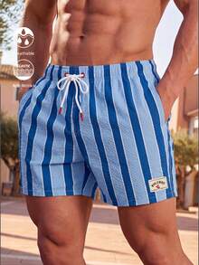 Manfinity KASUA Men's Casual Vacation Style Colorblock Striped Print Drawstring Waist Loose Beach Shorts, Summer - Royal Blue - View 1