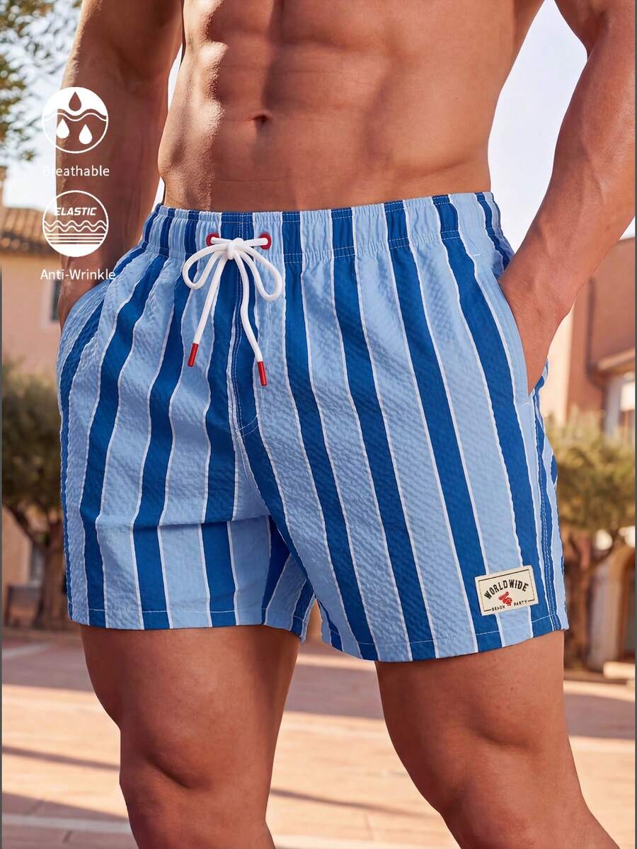 Manfinity KASUA Men's Casual Vacation Style Colorblock Striped Print Drawstring Waist Loose Beach Shorts, Summer - Royal Blue - View 1