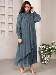 Veilorie Vestido elegante de manga larga con decoración de perlas falsas de unicolor talla grande - Azul - View 5