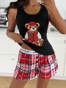 ZzzCrew Bộ áo vest kẻ caro tương phản, đồ mặc nhà thể thao hình gấu bóng chày - Đỏ - Xem 4
