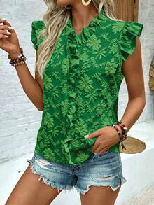 EMERY ROSE Casual Vacation & Daily Wear Ruffle Sleeve Bow Tie Printed Apricot Blouse For Women - Olive Green - View 5
