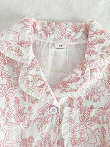 Young Girl' White Pink Line Rabbit Floral Pattern Ruffle Collar Short Sleeve Pants Casual Cute Comfortable 2 Pieces Pajama Set Sleep Summer - Red - View 3