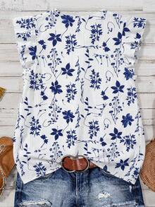 SHEIN Clasi Áo sơ mi nữ cổ chữ V in hoa, kiểu dáng thường ngày, đa năng. - Xanh và trắng - Xem 2
