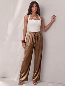 Glamine Women's Elegant Casual Satin Glossy Pants, Espresso Brown Autumn Wide-Leg Trousers, Loose Elastic Waist Drawstring For Vacation, Business - Coffee Brown - View 7