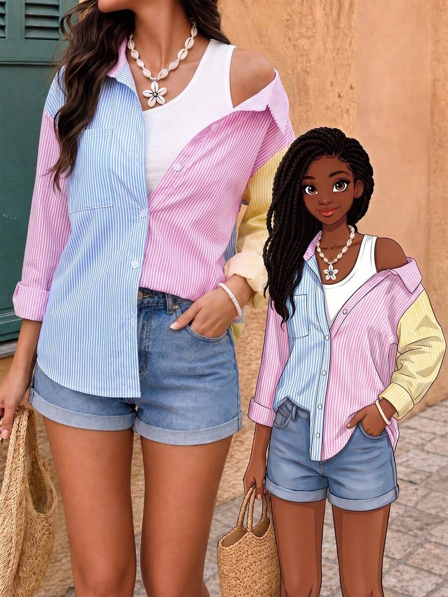 SHEIN Sparklyn 一件少女斜肩翻领两合一竖条纹长袖衬衫。粉色、浅蓝色和浅黄色马卡龙色调的独特配色，赋予其青春、个性、活力四射的感觉。适合女孩春夏日常休闲穿着和通勤。