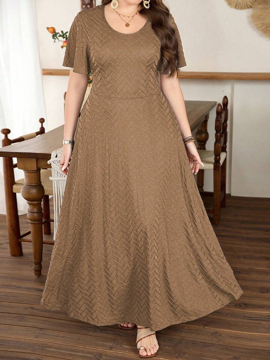 Modelyn 大码女式荷叶边A字连衣裙,简约优雅短袖 - 卡其色 - 查看 1