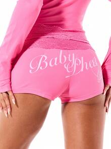 BABYPHAT Shorts de Malha Rosa Quente com Barra de Renda e Estampa de Logo, Shorts Casuais de Verão - Rosa chiclete - Visão 1