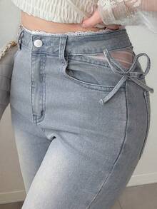DAZY Women's Korean Style Washed Flared Casual Distressed Denim Jeans - Blue - View 8
