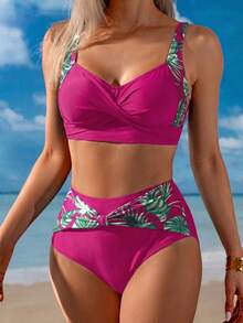 Swim Lushoire Women's Plant Print Casual Swimwear Set - Hot Pink - View 5