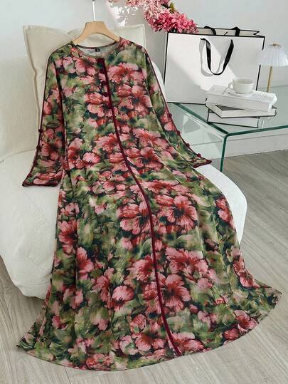 Al Najma Đầm dài truyền thống Ả Rập dành cho nữ, kiểu dáng kín đáo, thường ngày, in họa tiết và viền ren.