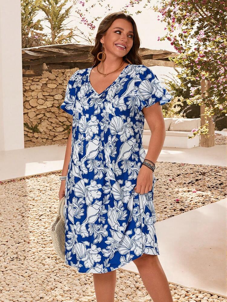Plus Size Women's Summer Beach Vacation Floral Print V-Neck Pleated Loose Dress,Summer Outfits For Women, Vacation Outfits Women ,Summer Holiday Outfits ,Country Style For Women ,Floral Dress Zanzea Dress For Women Plus Size Zanea Dress For Woman Z9v7r Ladies Dresses